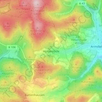 Topografisk karta Hüttenrode, höjd, relief