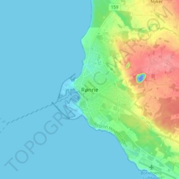 Topografisk karta Rønne, höjd, relief