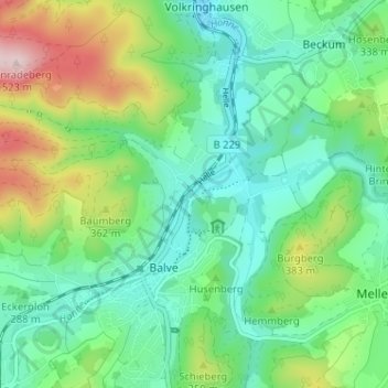 Topografisk karta Helle, höjd, relief