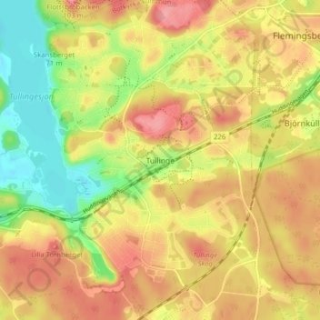 Topografisk karta Tullinge, höjd, relief