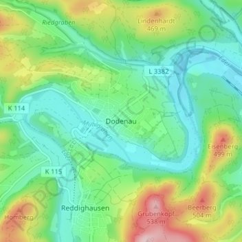 Topografisk karta Dodenau, höjd, relief