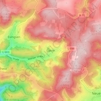 Topografisk karta Dahle, höjd, relief