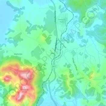 Topografisk karta Kauri, höjd, relief