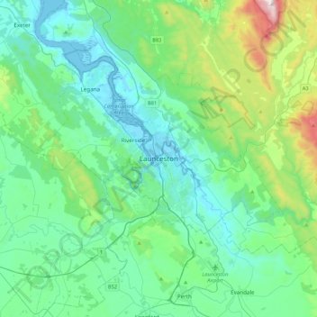 Topografisk karta Launceston, höjd, relief