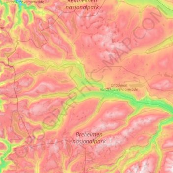 Topografisk karta Skjåk, höjd, relief