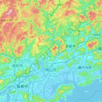Topografisk karta 岡山市, höjd, relief