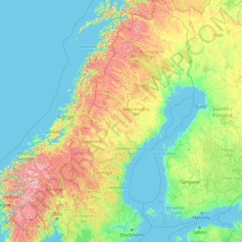 Topografisk karta Norra Sverige, höjd, relief