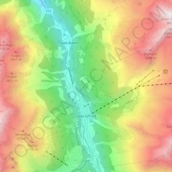 Topografisk karta Saas-Grund, höjd, relief