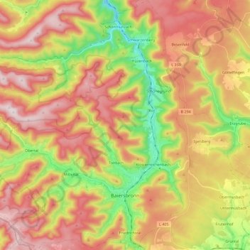 Topografisk karta Baiersbronn, höjd, relief
