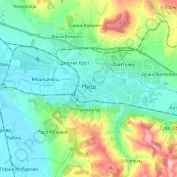 Topografisk karta Niš, höjd, relief