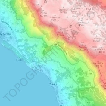 Topografisk karta Općina Tučepi, höjd, relief