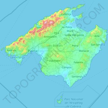 Topografisk karta Mallorca, höjd, relief