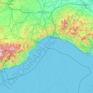 Topografisk karta Ligurien, höjd, relief