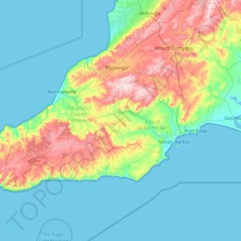 Topografisk karta Fleurieu Peninsula, höjd, relief