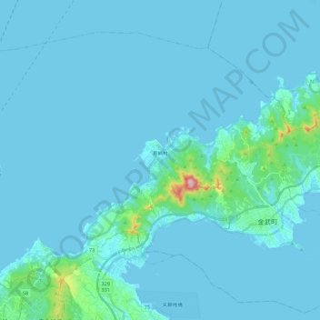 Topografisk karta 恩納村, höjd, relief